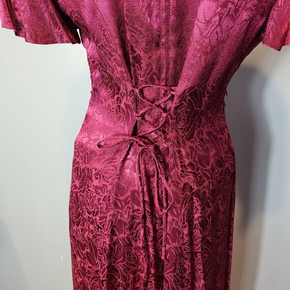 Vintage 90s Dress Floral Brocade Satin 3D Rose Lace Red Gilded Age Holiday Large - Picture 7 of 11